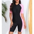 thumbnail image 2 of TiaoBug Women Short Sleeve Zip Up Shorty Wetsuit Color Block Athletic Rashguard Shirts Beach Monokini Pink&Black XL, 2 of 7