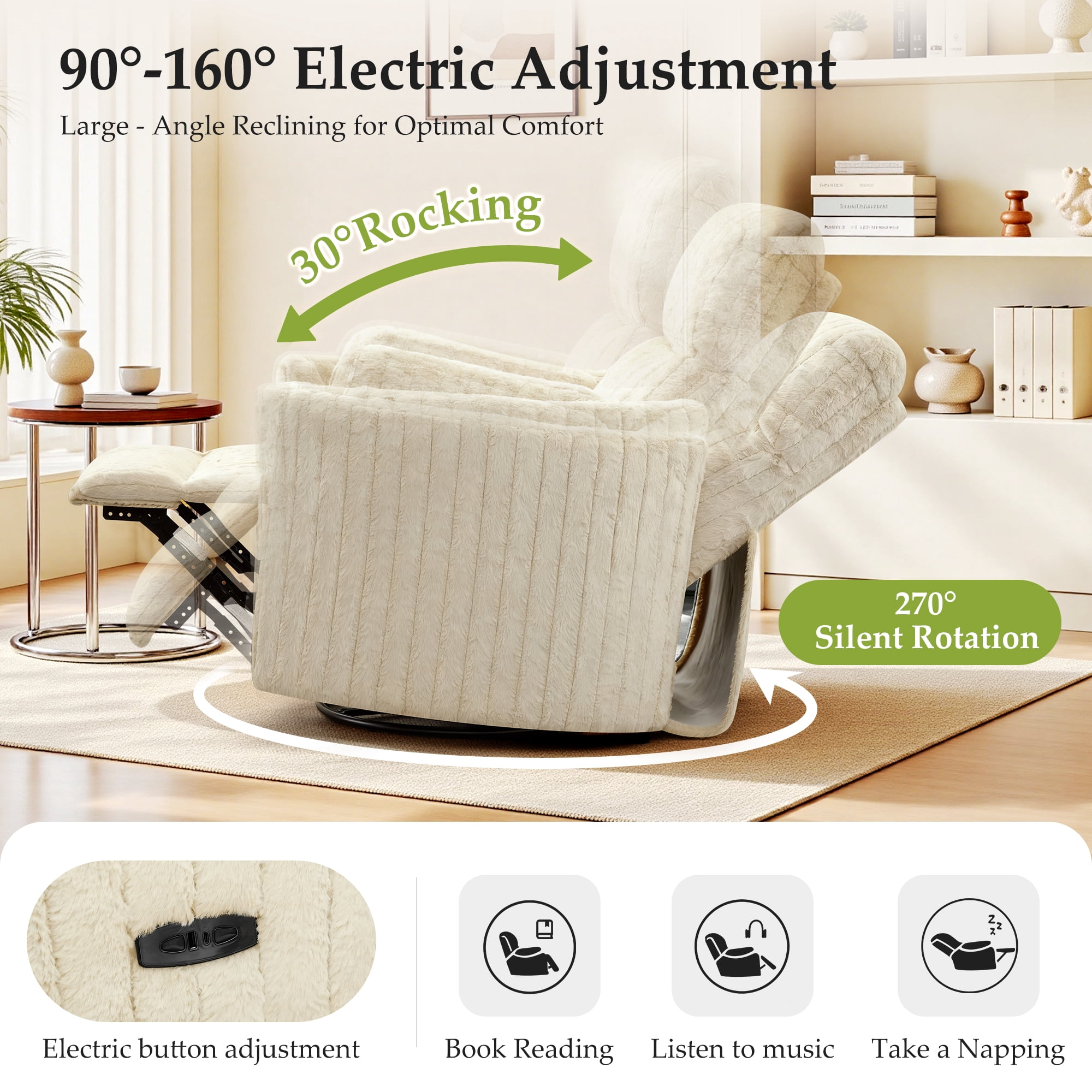 COOLHUT Electric Recliner Chair, Swivel Rocker Recliner Chair with USB Ports, Comfy Lay Flat Sofa with Footrest for Small Spaces, Living Room, One Box, Set of 1, Beige