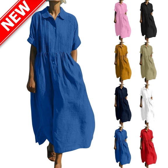 Taqqpue Women Linen Dress Casual Solid Color Short Sleeve Button Down V Neck Maxi Dress Loose Fit Plus Size Sundress Flowy Swing A Line Midi Dress for Women