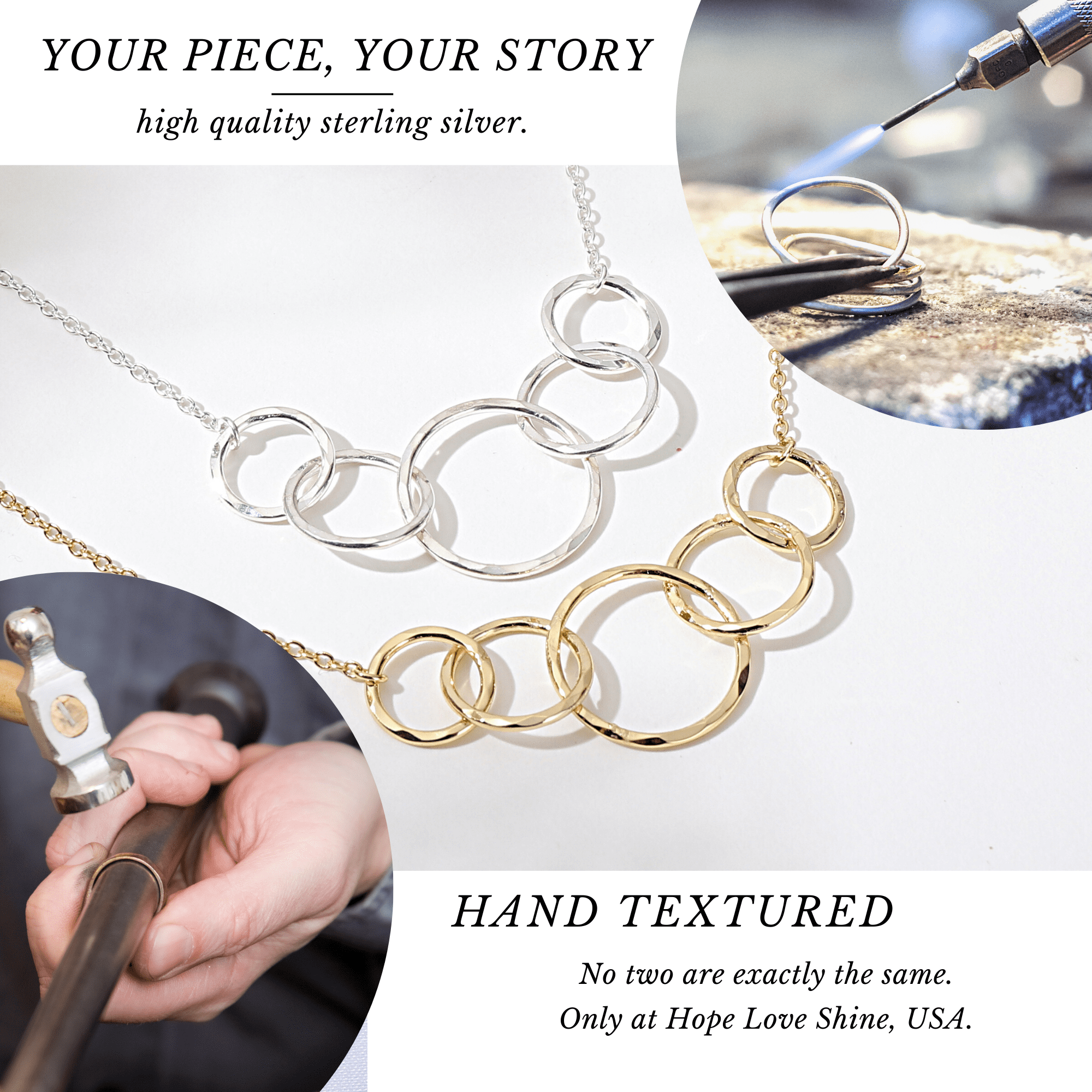HOPE LOVE SHINE 50th Birthday Gift for Her – 5 Ring Gold Necklace, 5 Decades Jewelry