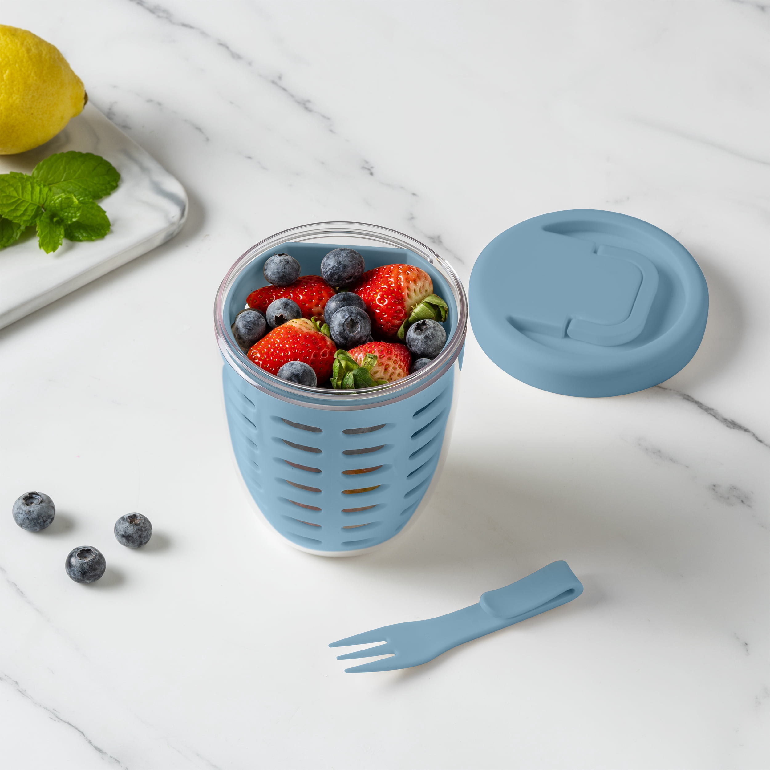 Cook with Color Berry Cup with Removable Colander and Fork, BPA-Free, Dishwasher Safe, Blue