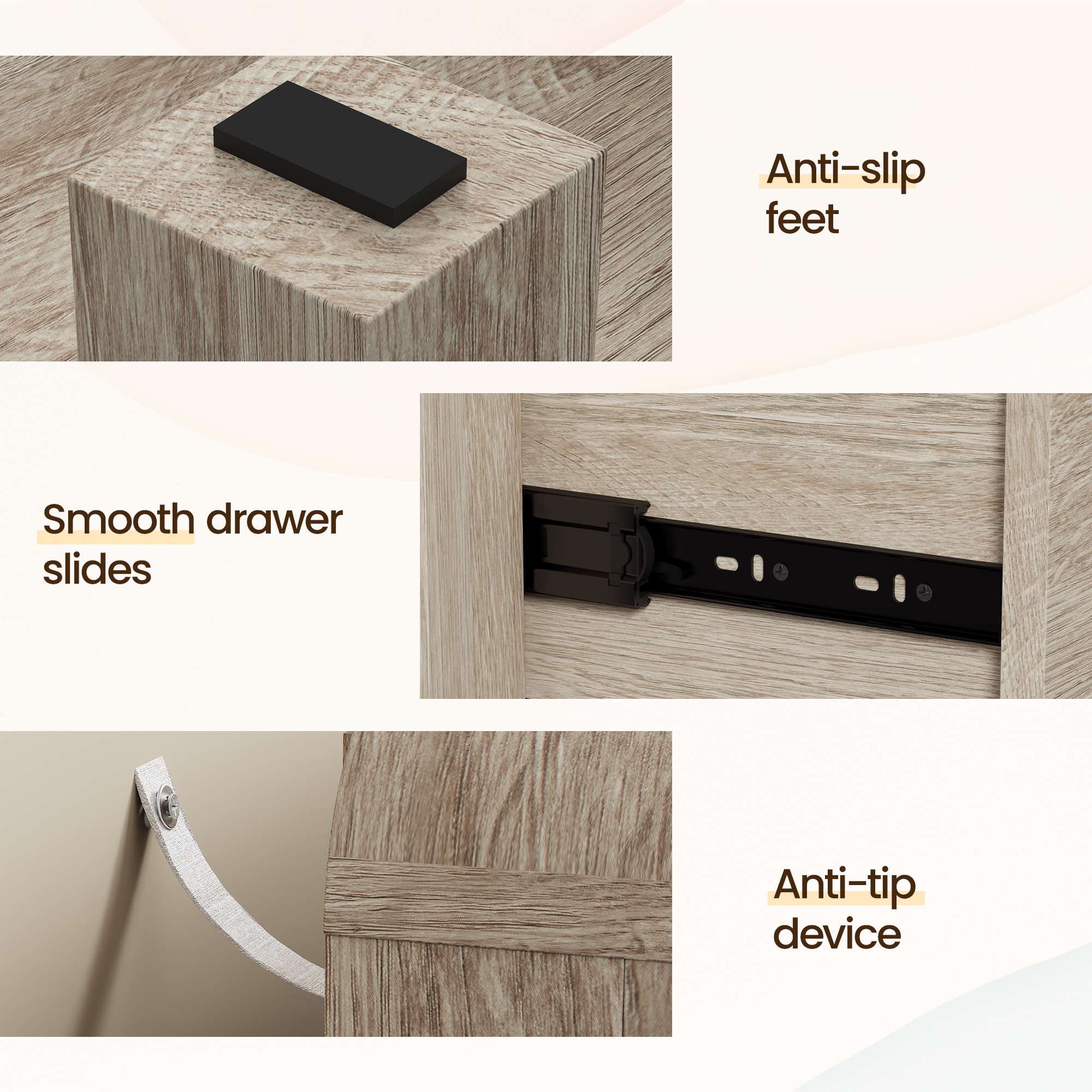 Heynemo 3 Drawer Dresser Set of 2, Large Nightstand with Rounded Table Corners, for Bedroom, Living Room, Entryway, Natural Wood