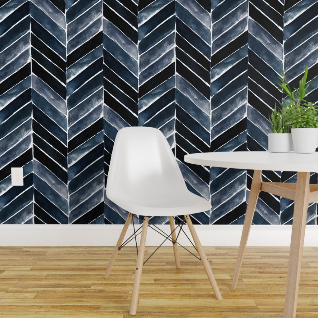 Peel-and-Stick Removable Wallpaper Indigo Blue Herringbone Chevron Hand