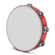 Wood Handheld Tambourine 10 Inch Double Row 16 Pair Jingles (Red) - Hand Held Percussion Drum Moon Musical Educational Instrument with Metal Bell Adults Classroom Gift KTV Party