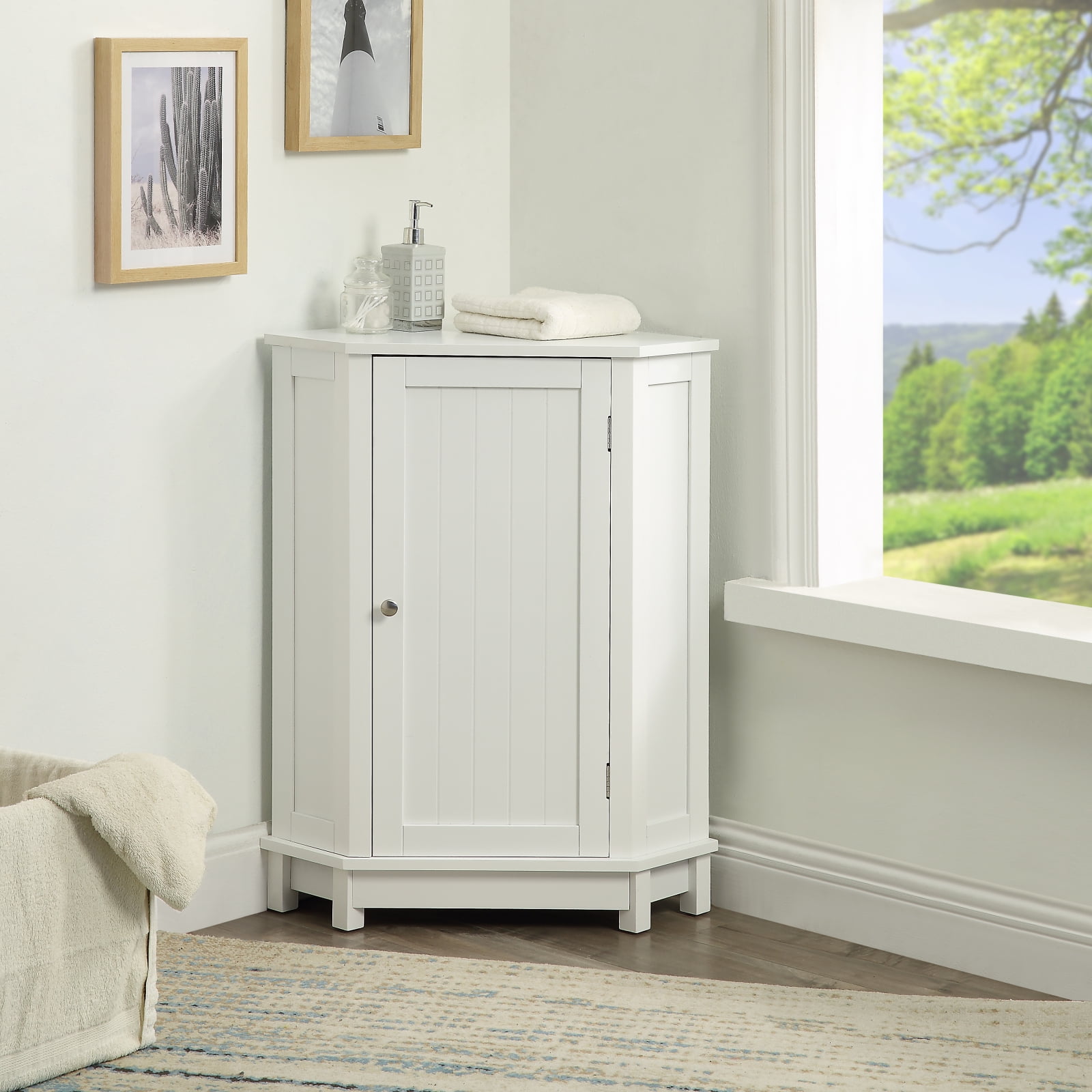 Bathroom Storage Cabinet Corner Freestanding Cabinet for Home Office Wood Floor Cabinet with Drawers and Doors White 