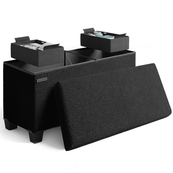 STORAGEBUD Storage Ottoman Bench, 30 Inch Storage Bench for Bedroom End of Bed, Foldable Large Ottoman Foot Rest, Entryway Bench with Storage, Boucle Storage Chest Max 660lbs, Black
