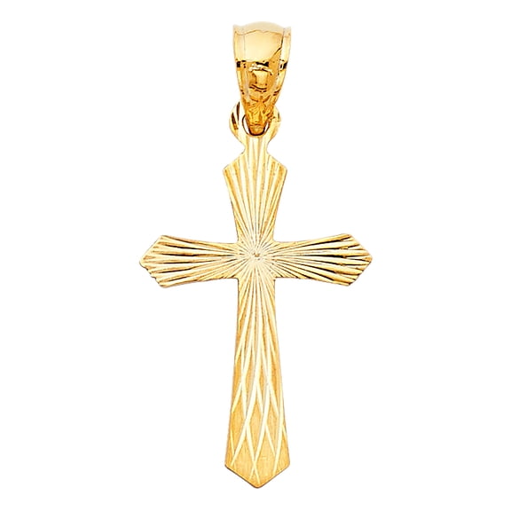14k Yellow Gold Christian Gift Wooden-Design Cross Pendant Roman Catholic Charm Jewelry Female