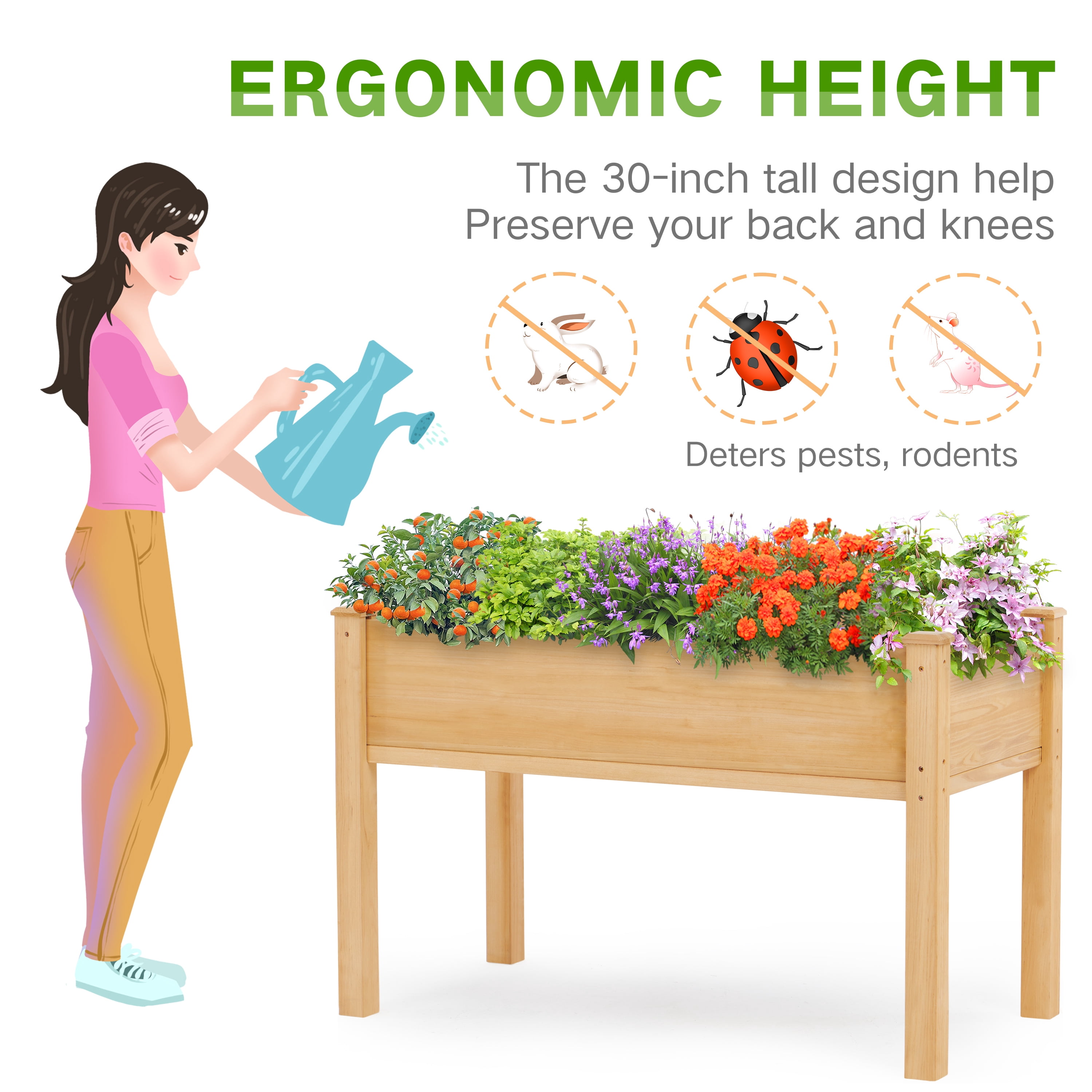 Raised Garden Bed, Elevated Wooden Planter Box W/ Bed Liner, 48" x 24" x 30" W/ Thickness of 2.4'' for Backyard Patio, Brown