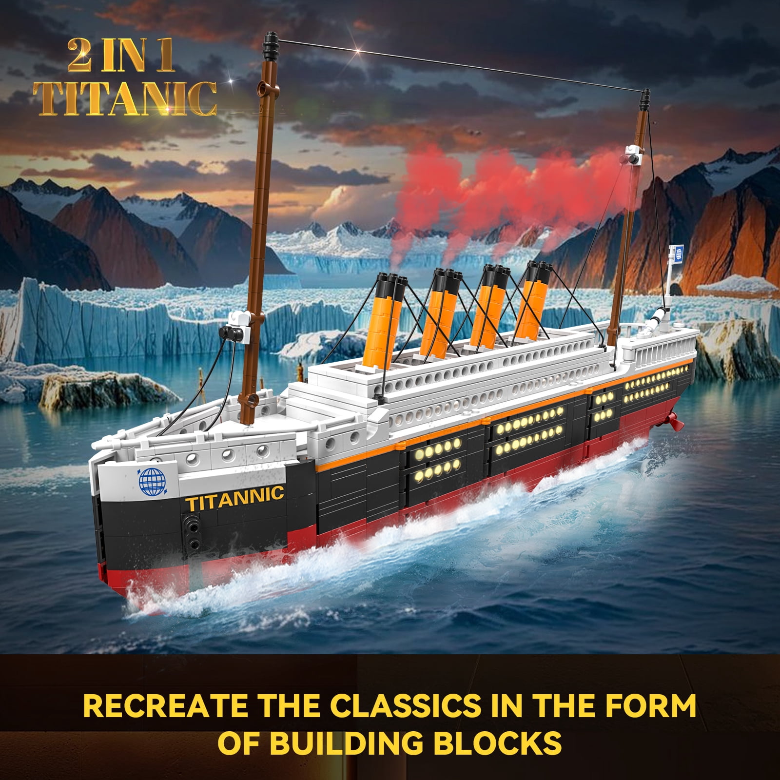 GOQI 2 in 1 Titanic Building Set, Titanic Big Ship Model Building Kit with Lights Bricks and Glacier, 1928 Pieces STEM Construction Toy for Teens Boys Ages 8-14+