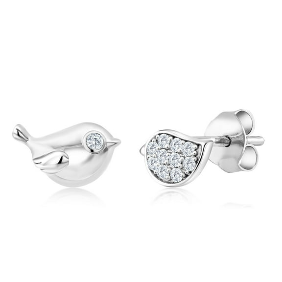 Gem Stone King 925 Sterling Silver Little Bird Stud Earrings for Women Set with Round Cubic Zirconia