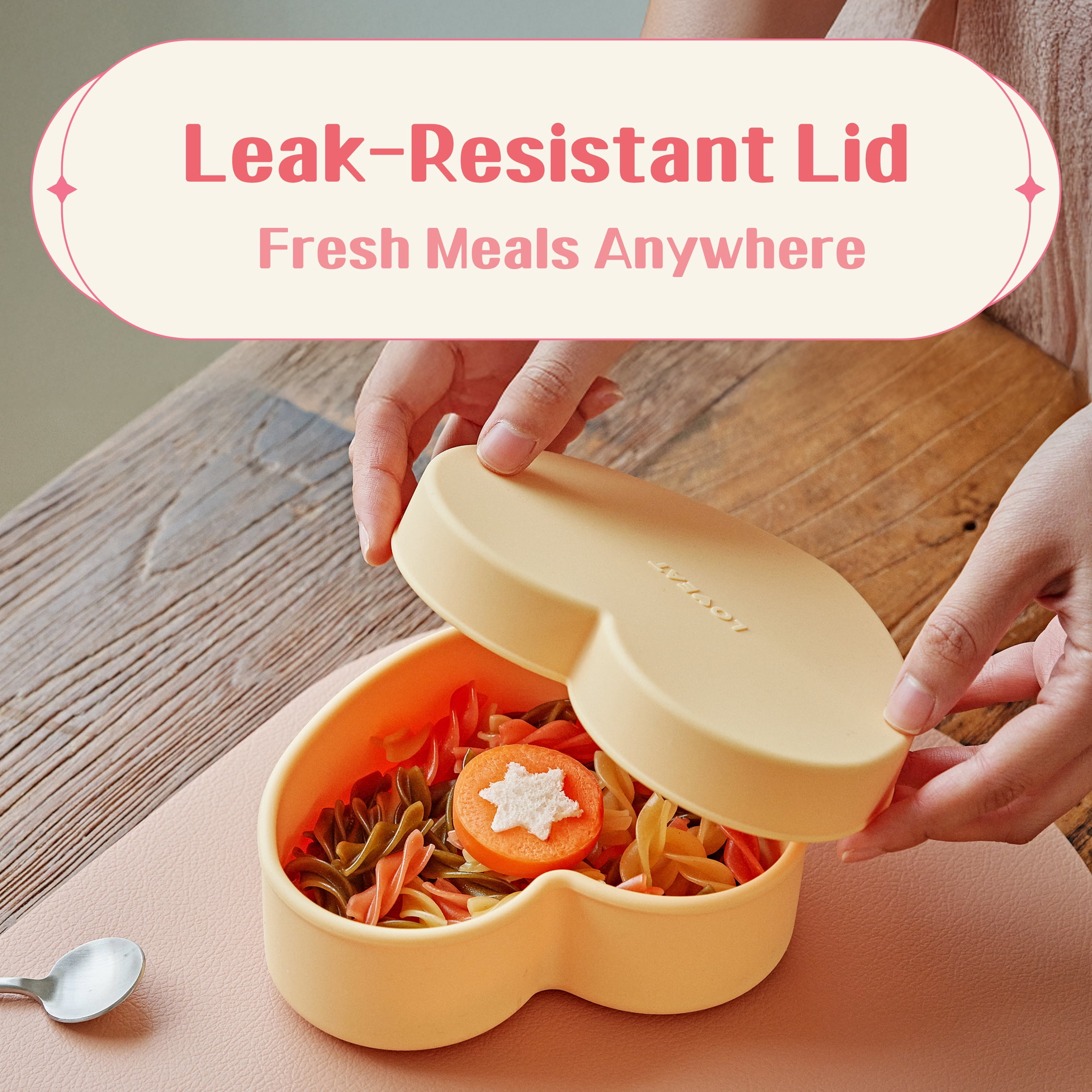 LOVEAT Heart Baby Lunch Box 15.2 fl oz (450 ml) – Silicone Suction Divided Plate for Toddlers and Kids, BPA Free Feeding Dish with Lid, Microwave and Dishwasher Safe (Almond Milk)