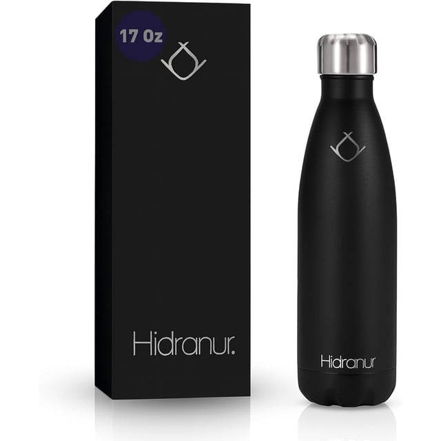 Termo de Acero Inoxidable Hidranur 17 Oz (502.75 ml) con Cepillo de Lavado, Doble Aislamiento Térmico, Negro