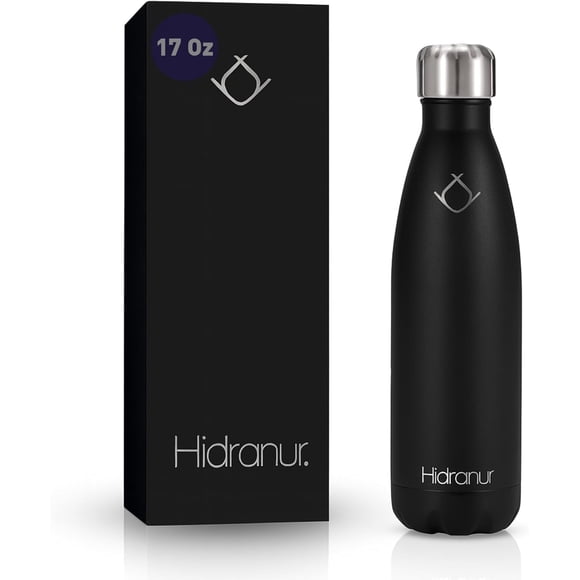 Termo de Acero Inoxidable Hidranur 17 Oz (502.75 ml) con Cepillo de Lavado, Doble Aislamiento Térmico, Negro
