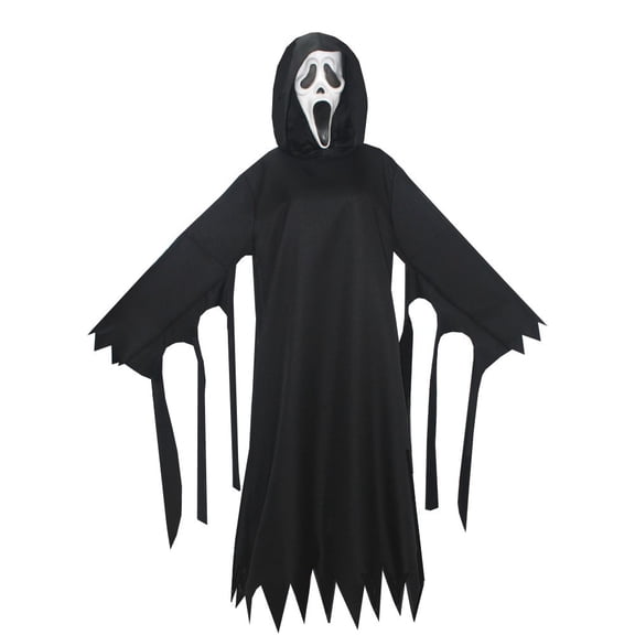 Satmonnus Adult Ghost Grim Reaper Costume Set - Unisex Hooded Black Robe with Screaming Mask, Scary Phantom Horror Outfit for Halloween Cosplay & Masquerade Parties