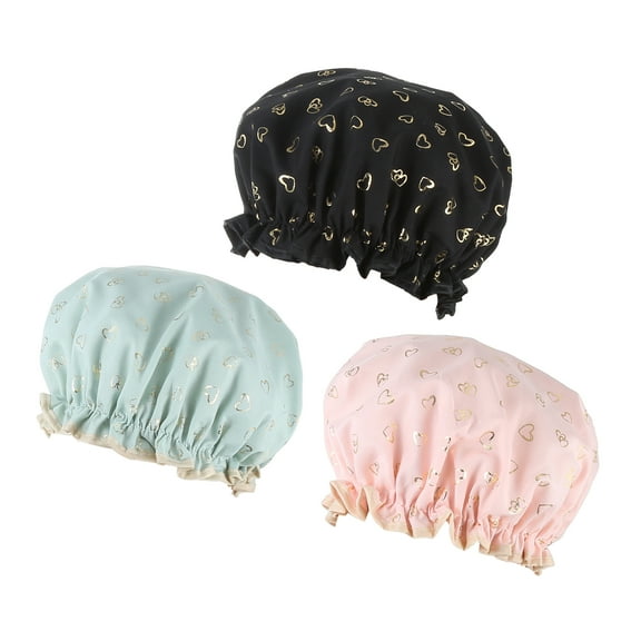 Vocoste 3 Pcs Shower Cap 2 Layers Hair Cap Elastic Reusable Bath Caps Pink Green Black