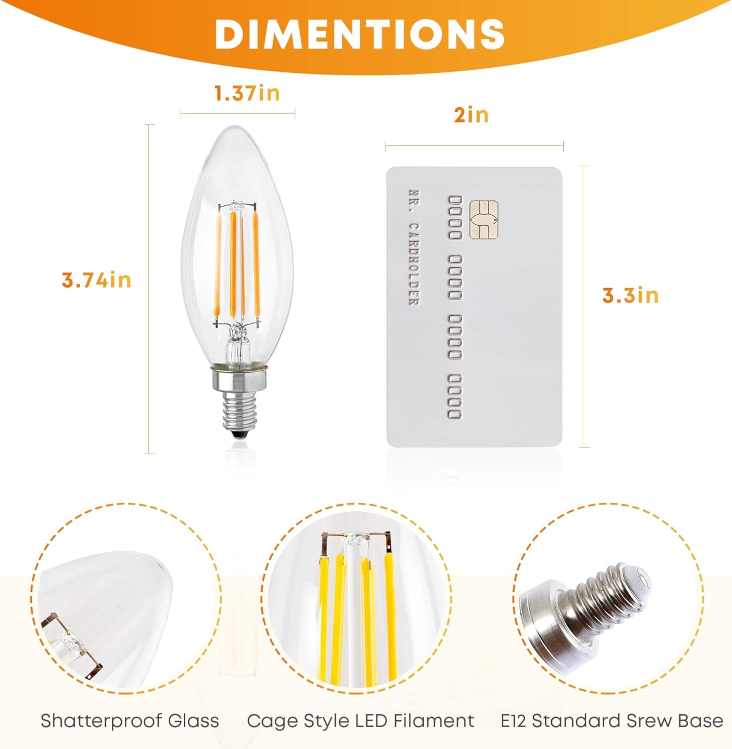 E12 Candelabra LED Edison Bulbs 40W Equivalent, 500 Lumen Soft White B10(C35) Dimmable Chandelier Light Bulbs Ceiling Fan, 5W Clear Glass Vintage Edison Bulb, 6 Pack