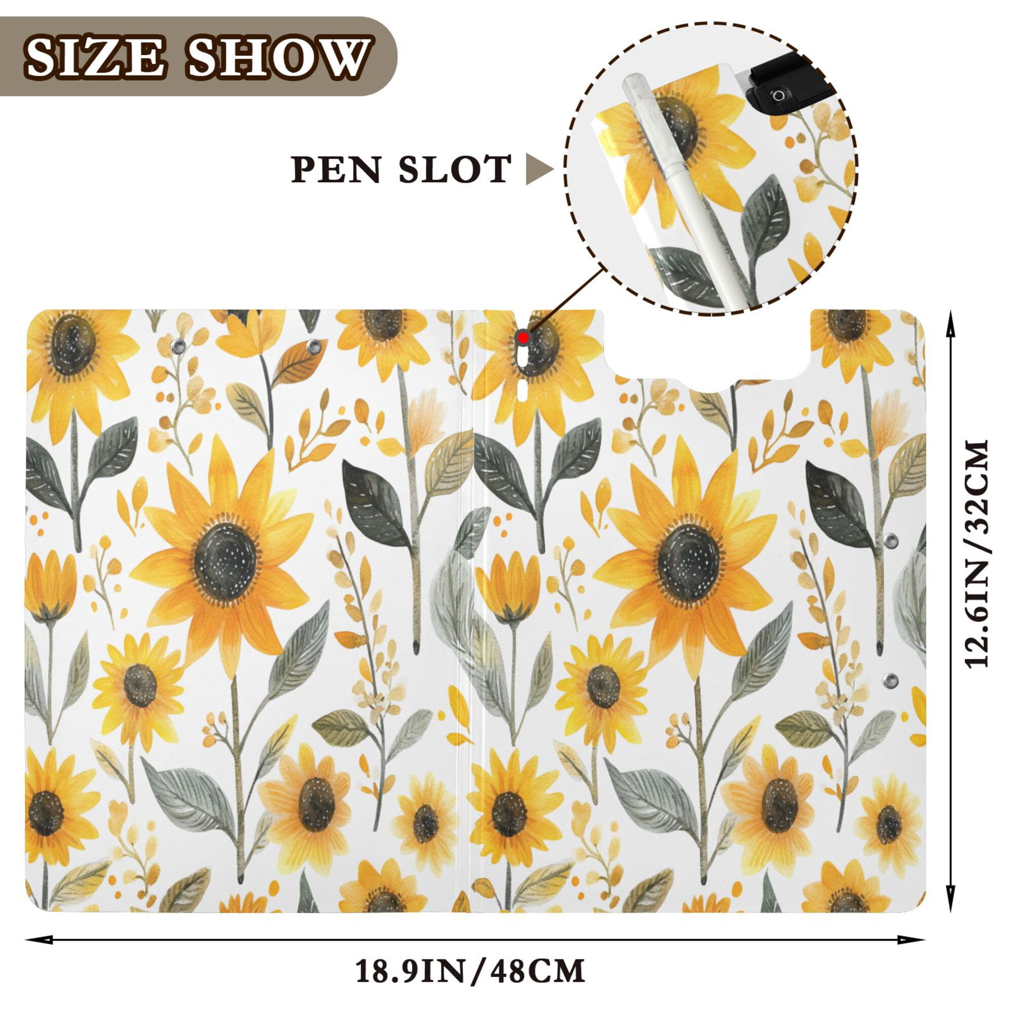 FORMRS A4 Clipboard Folder with Pen Holder Horizontal Foldable School Office Binder, White Watercolor Sunflowers