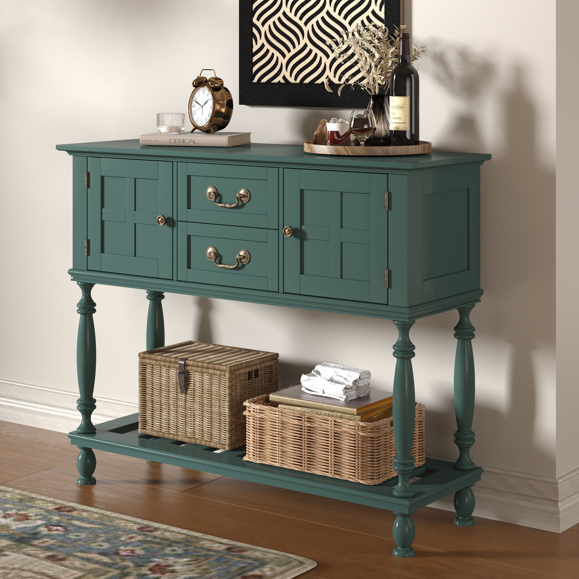 ZOSQUARE 42" Green Console Table with Storage Cabinet, Entryway Table with Turned Legs and Bottom Shelf, Vintage Sofa Table Behind Couch for Living Room