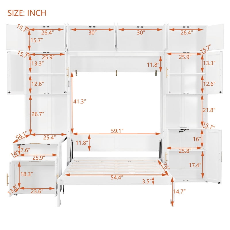 Full Size All-in-One Murphy Bed with Hidden Desk & Storage Cabinets, Foldable Platform Bed Frame with Power Outlet & LED Light