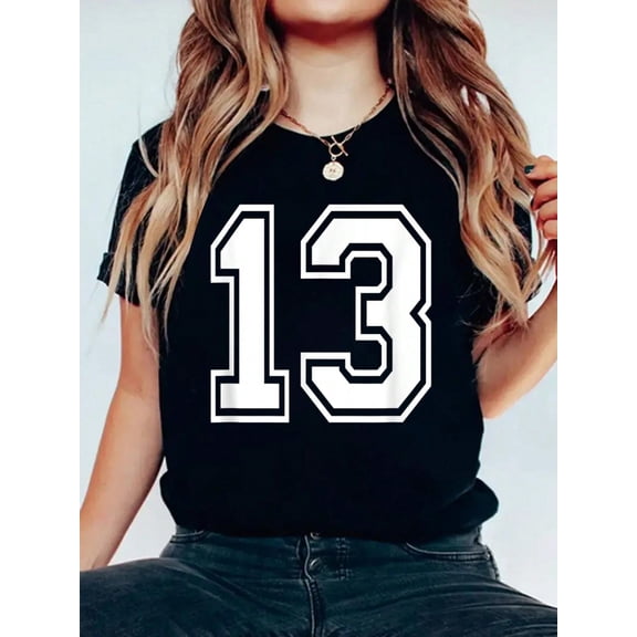 Number 13 Numbered Uniform Sports Jersey Team 13th Birthday T-Shirt 100% Cotton, Breathable & Comfort Fit, Short Sleeve Women T Shirt Crew Neck Top For All Seasons