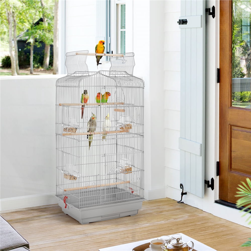 Alden Design Large 41" Metal Bird Cage with Play Top for Parakeets and Lovebirds, Light Gray