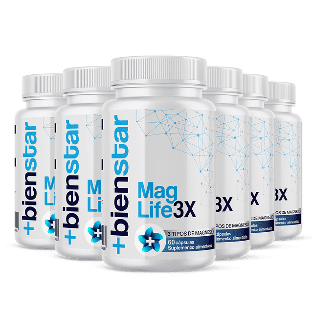 6 Frascos de Mag Life3x +BIENSTAR Magnesio: Citrato, Óxido y Glicinato - Sueño y Relajación