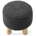 thumbnail image 4 of Hand-Knitted Cotton Pouf Ottoman Footstool, 13" Round x 11" High, Boho Accent Footrest with Non-Skid Legs, Foot Stool and Extra Seating, Gray, 4 of 7