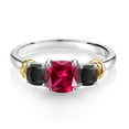 thumbnail image 2 of Gem Stone King 925 Sterling Silver and 10K Yellow Gold Red Created Ruby and Black Onyx 3 Stone Engagement Ring for Women (1.56 Cttw, Cushion Cut 6MM and 4MM, Available in Size 5, 6, 7, 8, 9), 2 of 4