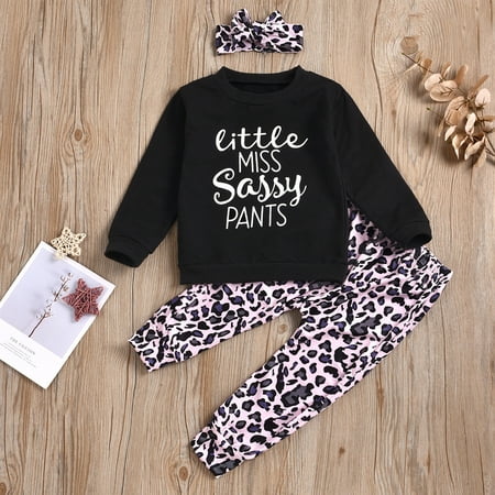 

Baby Girls Letter Leopard Print Tops+Pants+Headband Outfits Set