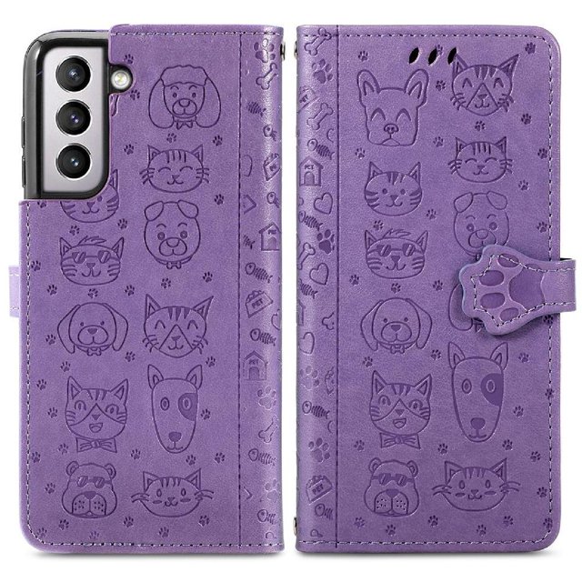 Funda Cartera FOXDOCK para Samsung Galaxy S22 , Flip PU con Relieve de Gatos y Perros, Tarjetero y Soporte