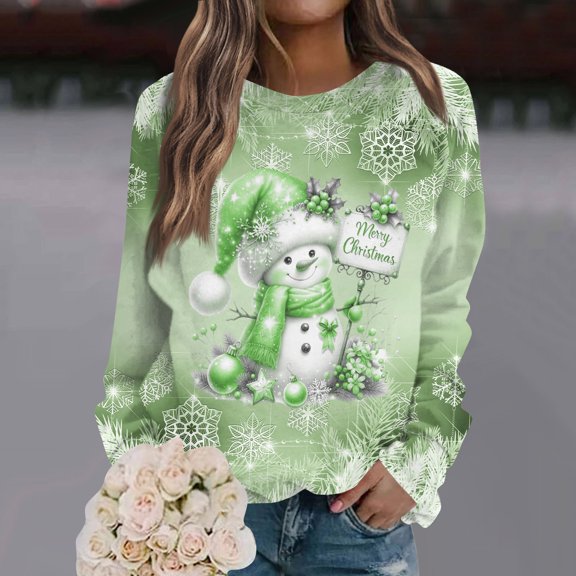 Women's Christmas Printed Round Neck Sweatshirt, Long Sleeve Casual Pullover Top, Raglan Sleeve Holiday Graphic Fall Winter Clothes,Green,S
