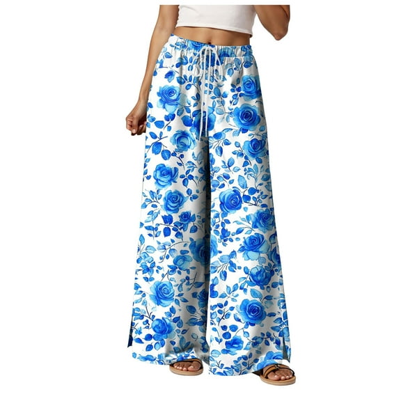 felwors Women Summer Boho Palazzo Pants High Waist Wide Leg Floral Casual Cotton Lounge Trousers with Pockets Blue, XXL