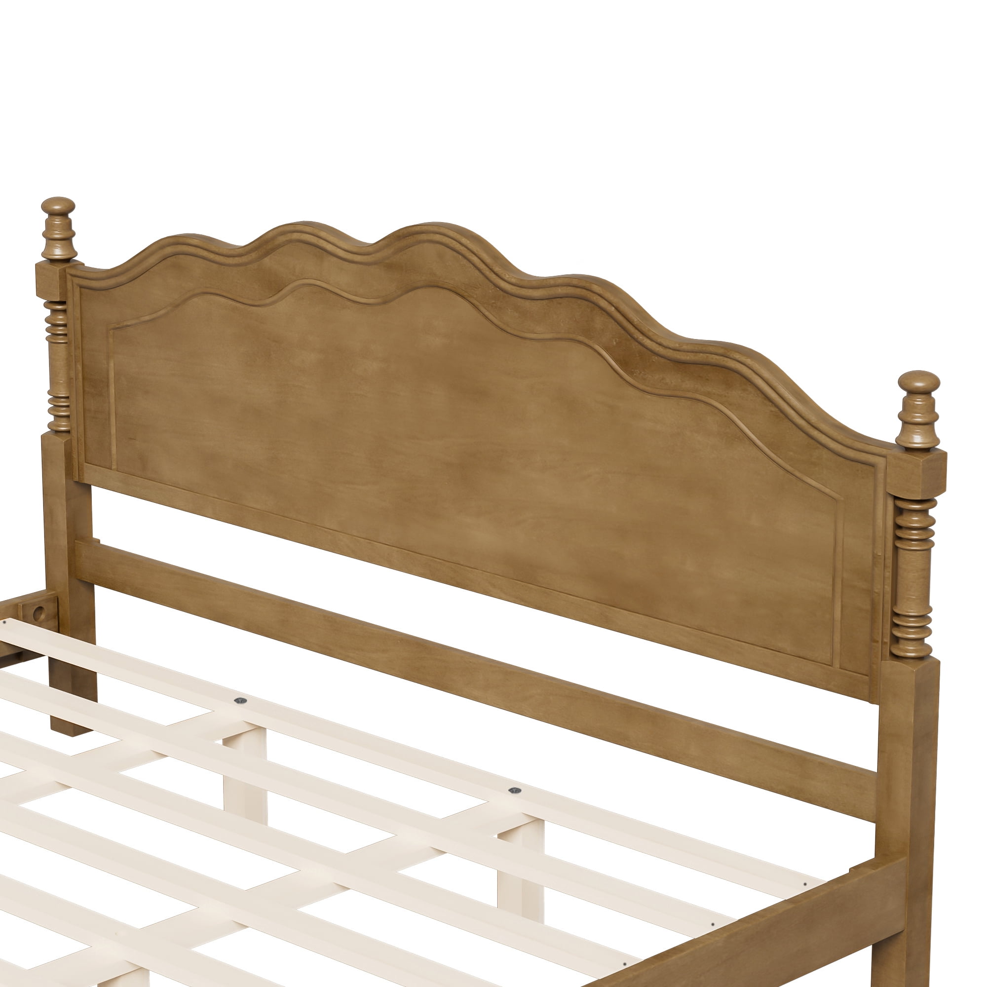 Euroco Wood King Size Platform Bed, Classic American Vintage Style Wood Bed with Curved Headboard, No Box Spring Needed, Dark Oak