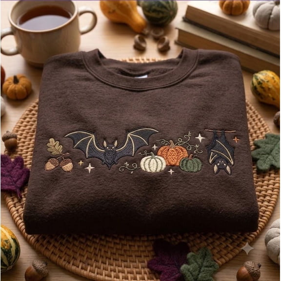 Embroly Bats and Pumpkins Embroidered Halloween Sweatshirt, Spooky Fall Crewneck
