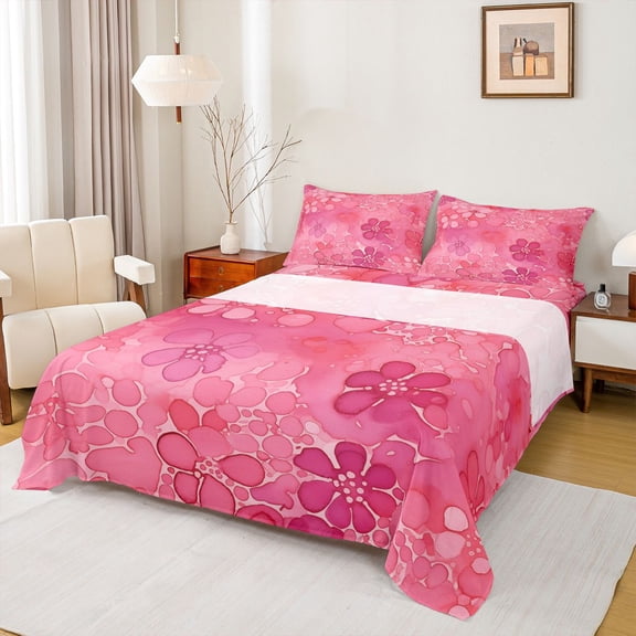 Feelyou Watercolor Flower Women Twin Sheet Sets, Pink Cherry Blossoms Twin Fitted Sheet, Artwork Style Flat Sheet, Luxury Bedroom Decor, 3-Piece