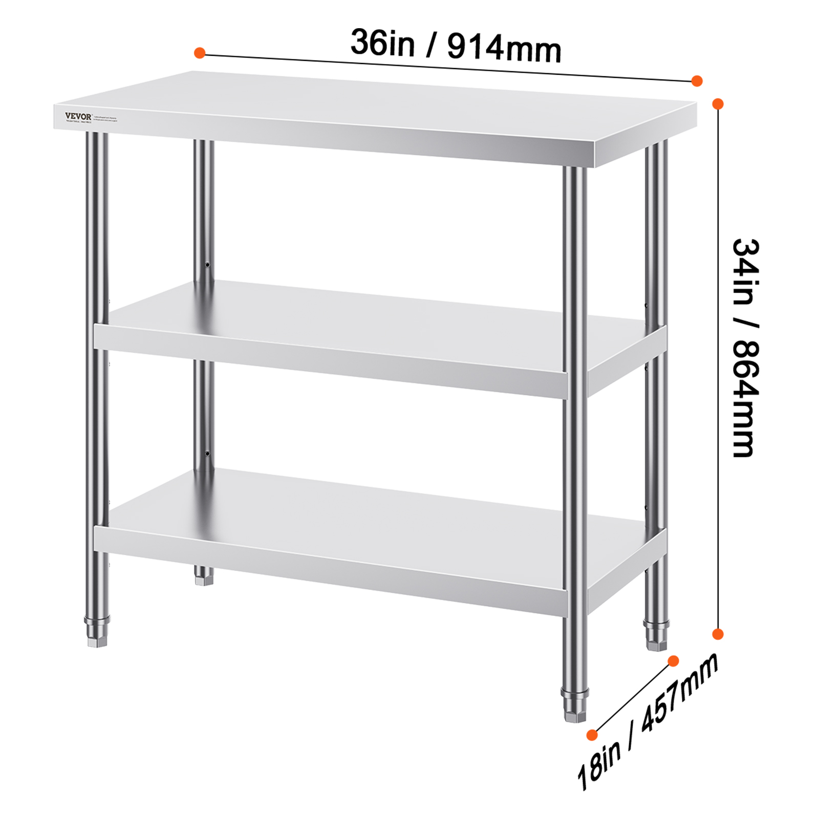 VEVOR Stainless Steel Food Prep Table, 18 x 36 x 34 Inch Commercial Kitchen Worktable, with 2 Adjustable Undershelf, Heavy Duty Prep Table Metal Work Table for BBQ, Kitchen, Home, and Garage