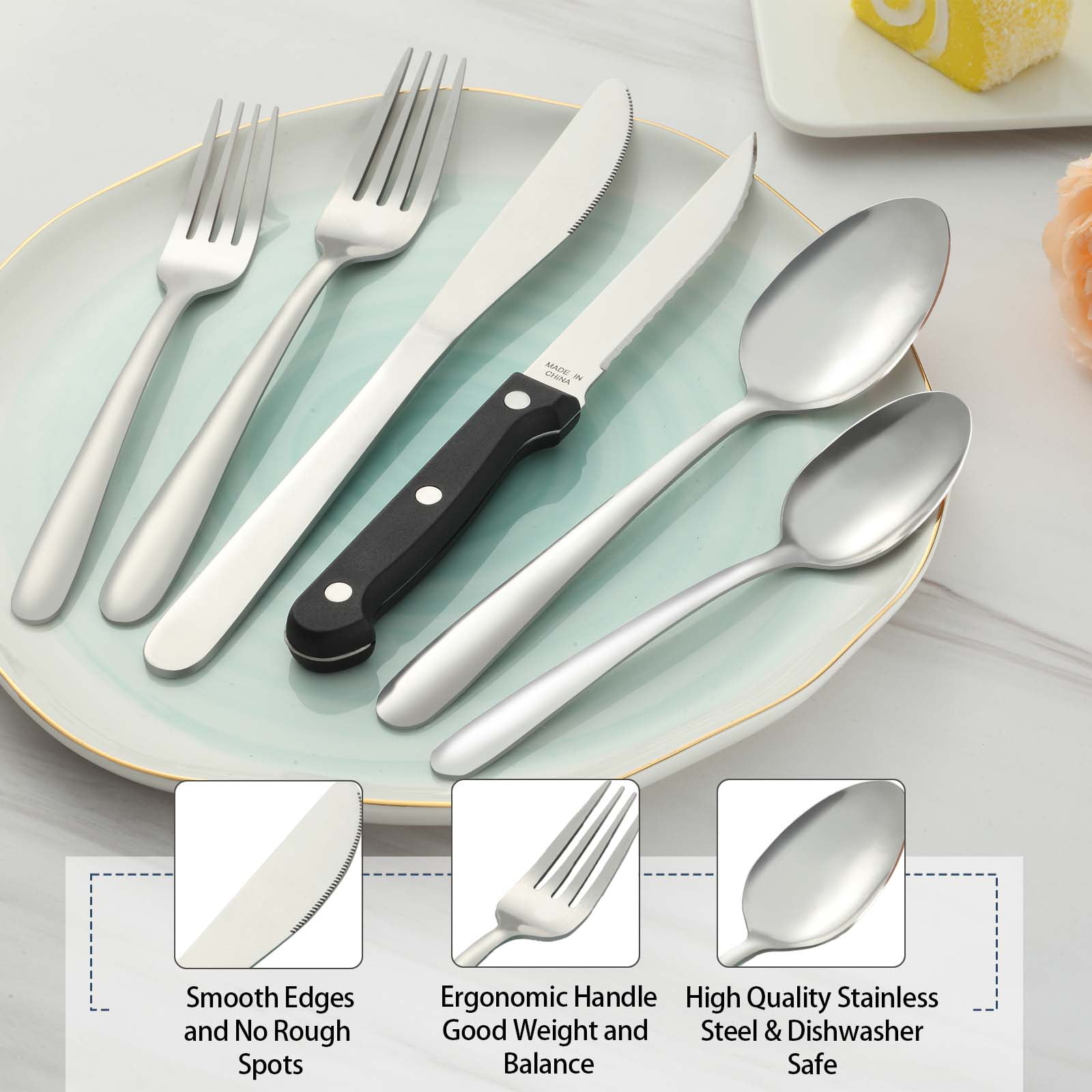 Bestdin 48 Pieces Silverware Set Service for 8, Flatware Sets with Steak Knives, Food Grade Stainless Steel Tableware Set, Use for Home Kitchen Restaurant Hotel, Dishwasher Safe, Mirror Polished