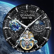 GUANQIN Men Skeleton Automatic Self-Winding Mechanical Luminous Moon Phase Stainless Steel Leather Wrist Watch Sapphire Waterproof Starry Sky Multifunctional Dial Clock