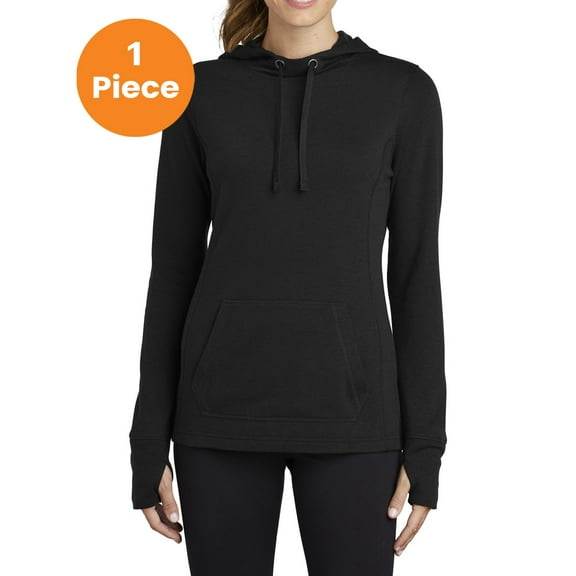 Sport-Tek LST296 Ladies PosiCharge Tri-Blend Wicking Fleece Hooded Pullover, Black Triad Solid, XS, Womens Activewear