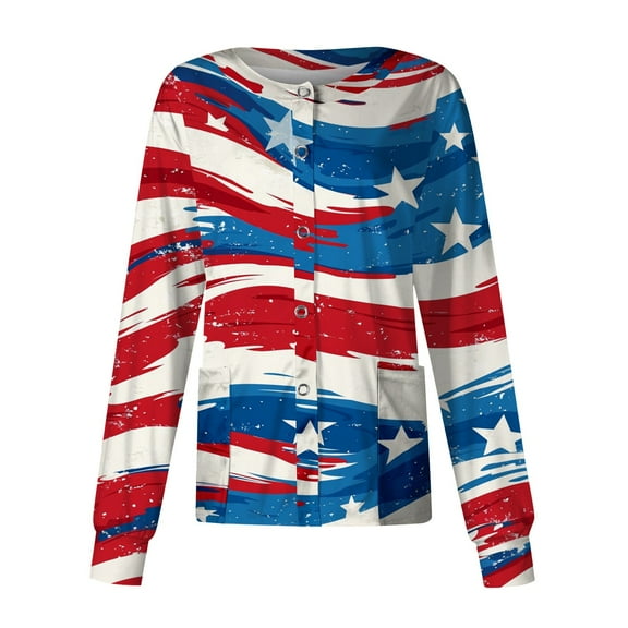 Womens 4Th Of July Tops, Scrubs For Women Round Neck Long Sleeve Workwear With Pockets Red White And Royal Blue American Flag Lightweight Cardigan Scrub Top Shirts Outfits (5XL, Blue) ZMTing