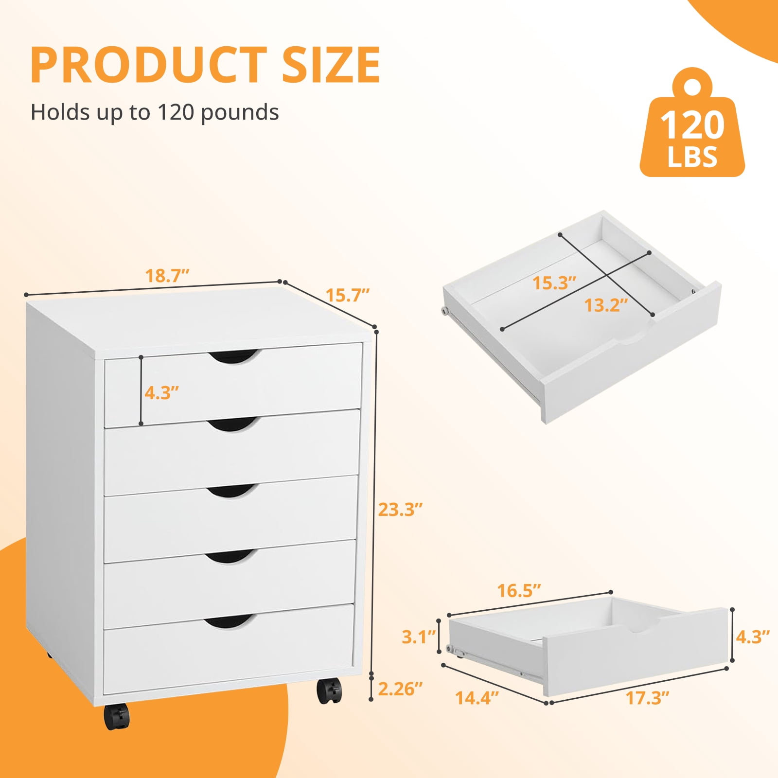 Sybels 5-Drawer Rolling Storage Cart, Mobile File Cabinet & Organizer Dresser with Wheels for Home Office, Wood Chest, White