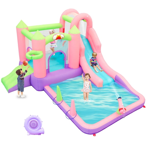 WELLFUNTIME Inflatable Water Slide, 9 in 1 Bounce House for Kids Aged 3-6, Water Park with Blower, Splash Pool for Backyard
