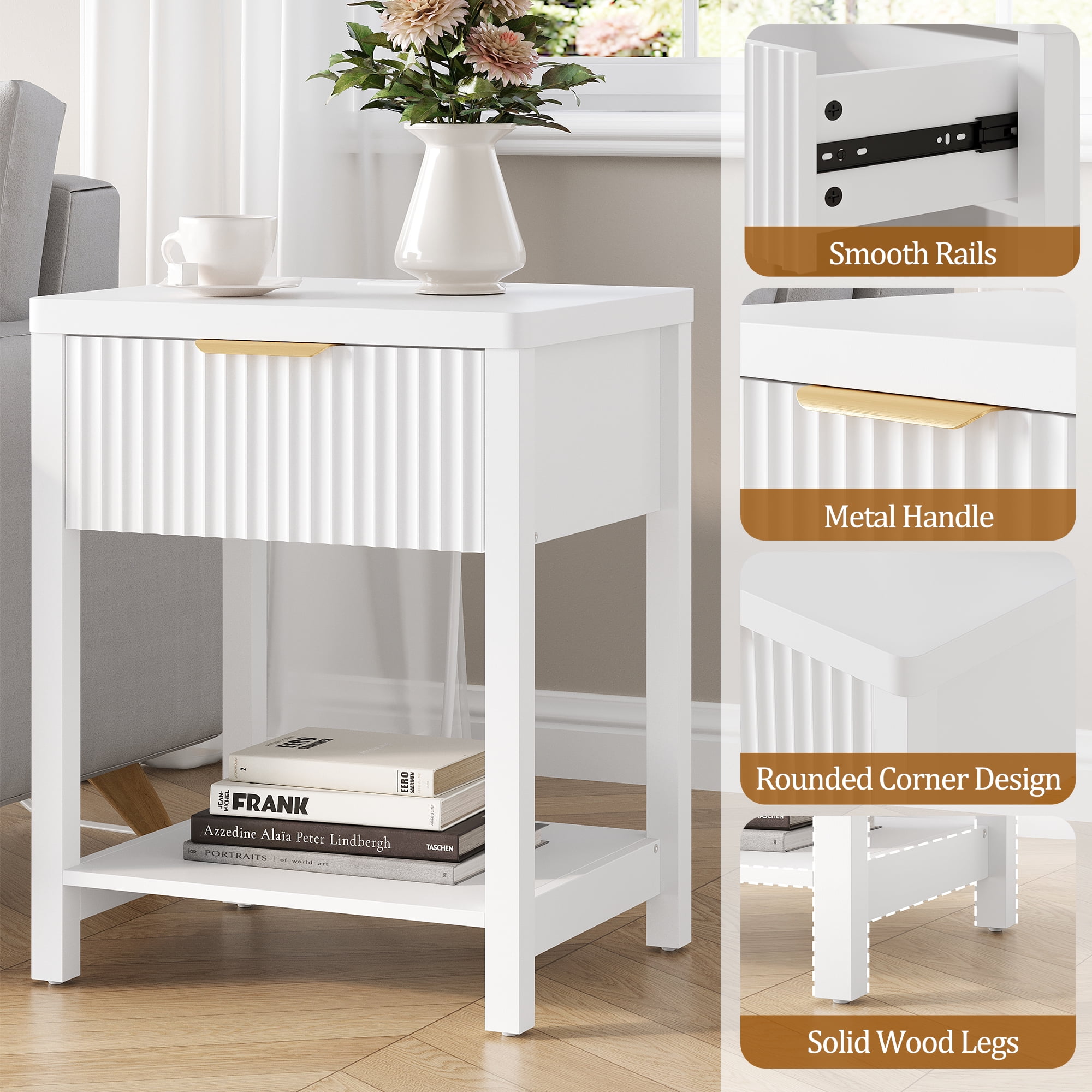 Laintene Nightstand for Bedroom Set of 2, Fluted Bedside Table with 2 AC Outlets & USB/Type-C Ports, Single Drawer & Open Shelf, Minimalist Wood End Table for Living Room, White