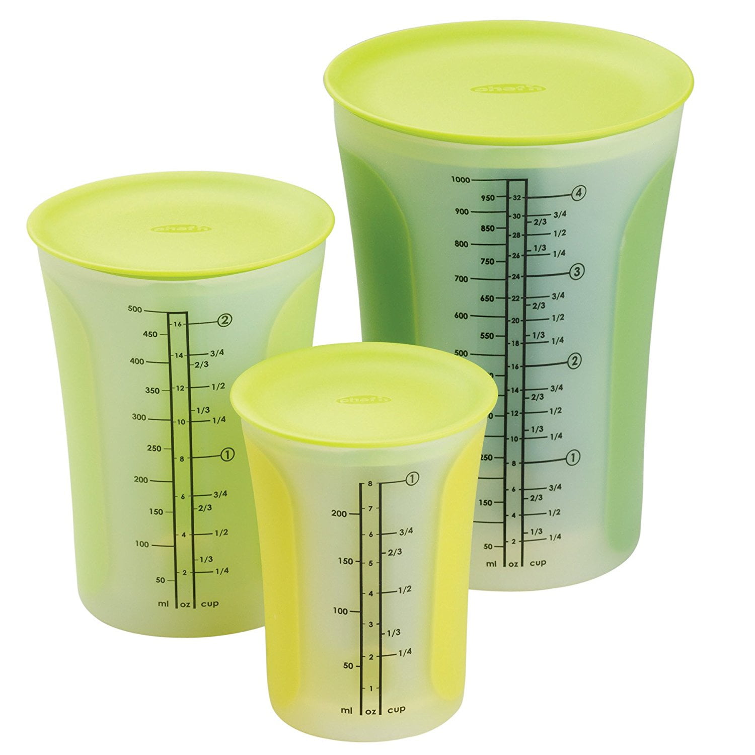 Chef'n SleekStor Pinch+Pour 3Piece Measuring Beaker Set with Lids (Arugula), Measure, pour, and