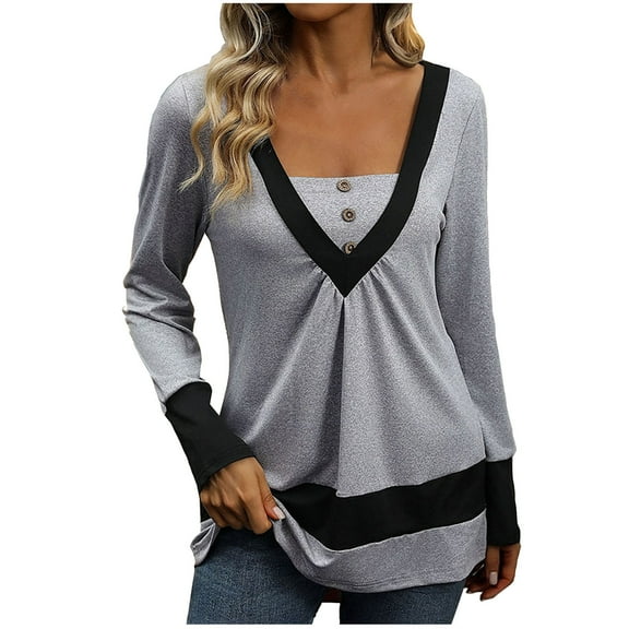 Long Sleeve Color Block Tops Womens Fall Casual Square Neck T-shirts Loose Fit Pullover Tunic Tee Shirts (XL, Gray)