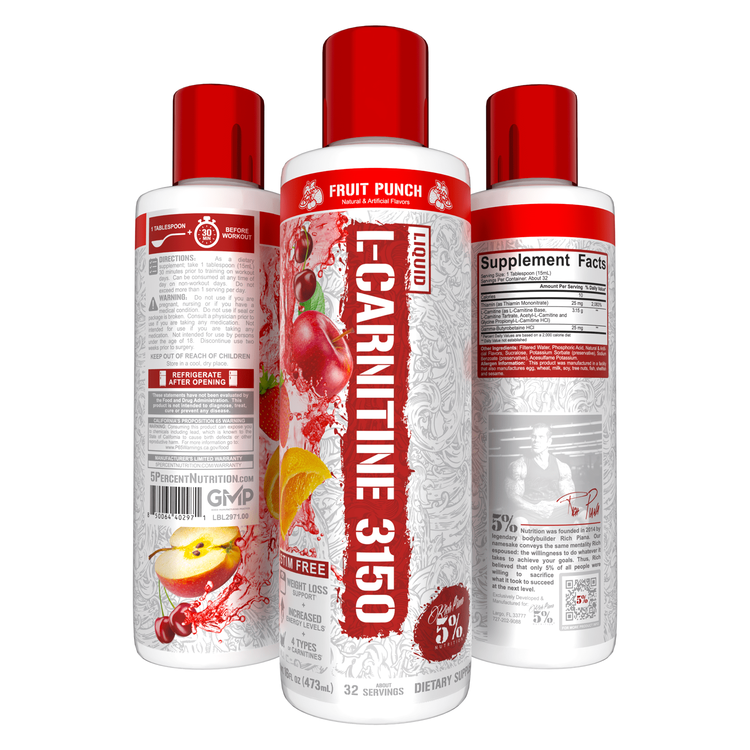 5% Nutrition Rich Piana Liquid L-Carnitine 3150 4 Source Blend with GBB (Fruit Punch)