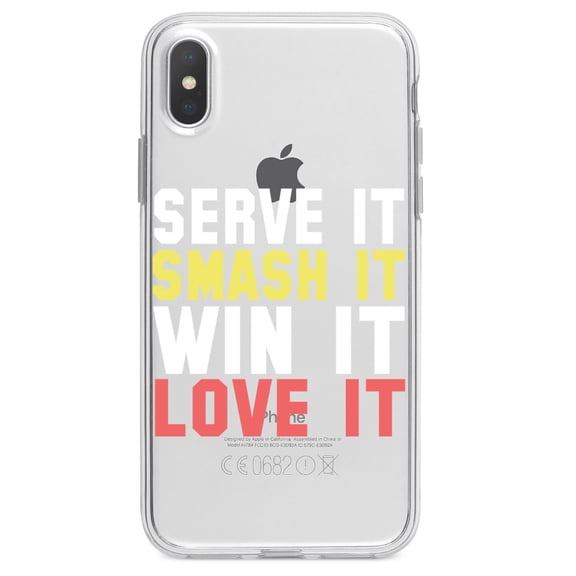 DistinctInk Clear Shockproof Hybrid Case for iPhone XR (6.1" Screen) - TPU Bumper Acrylic Back Tempered Glass Screen Protector - Serve It Smash It Win It Love It Tennis