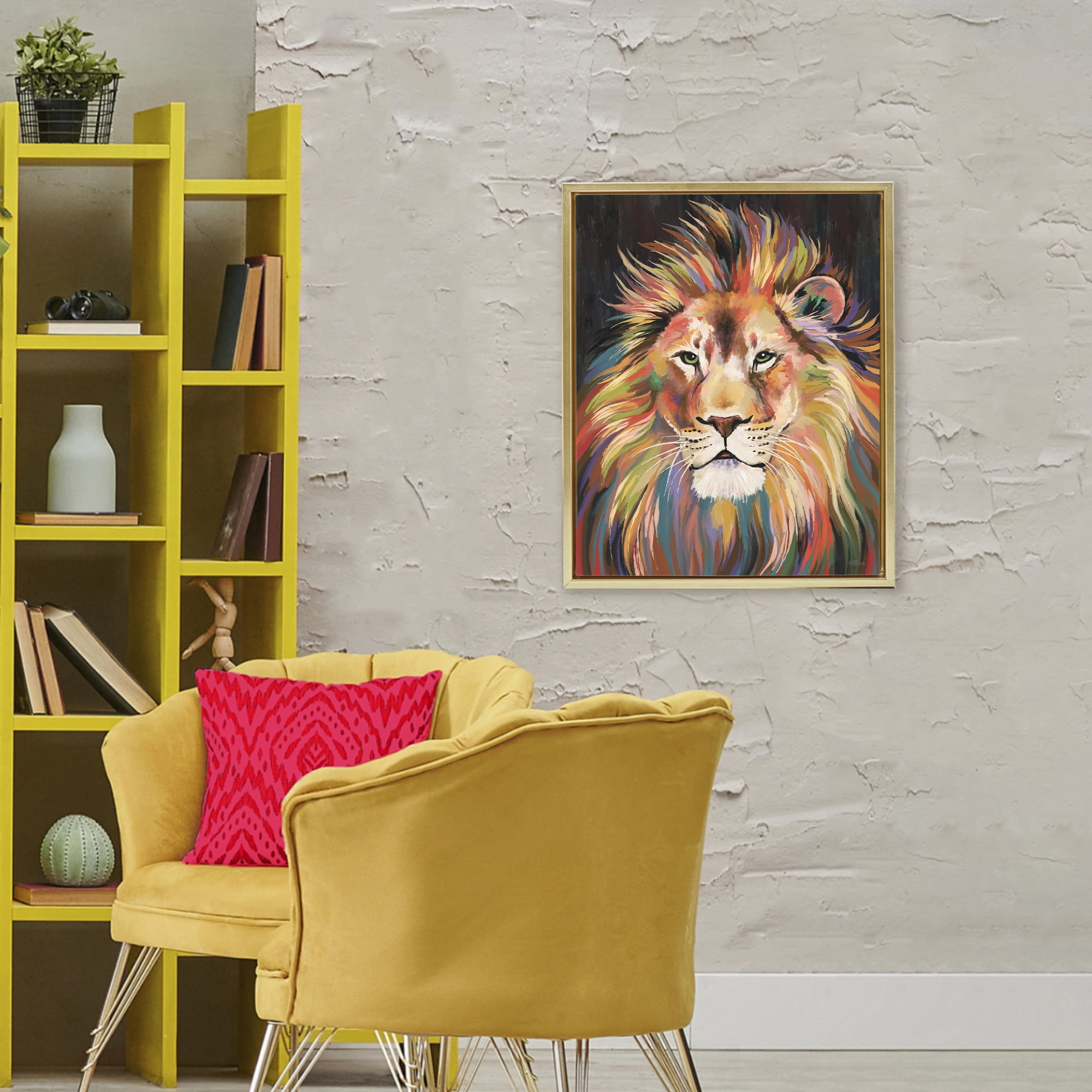 Stupell Industries Vibrant Majestic Rainbow Lion Gold Framed Floater Canvas Wall Art, design by Cat Thurman Designs