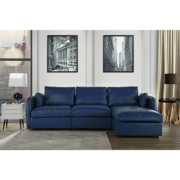 L Shape Living Room Leather Sectional, Navy Blue Leather Sectional Sofa