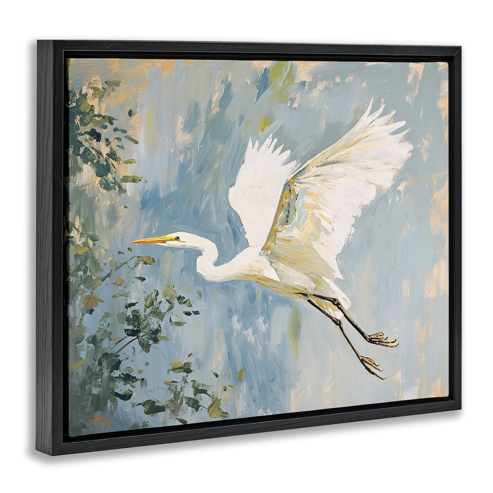 Stupell Industries White Heron in Flight Animals & Insects Painting Black Floater Framed Canvas Art Print Wall Art, 31 x 25
